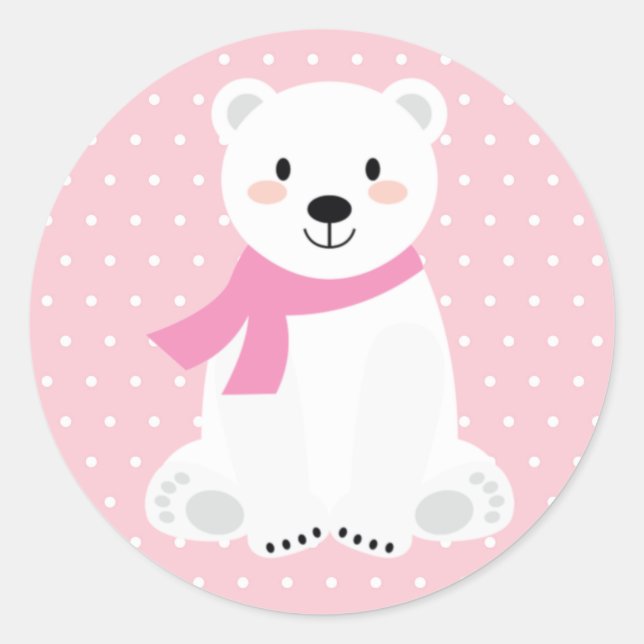 Girl Polar Bear Baby Shower Pink Classic Round Sticker (Front)