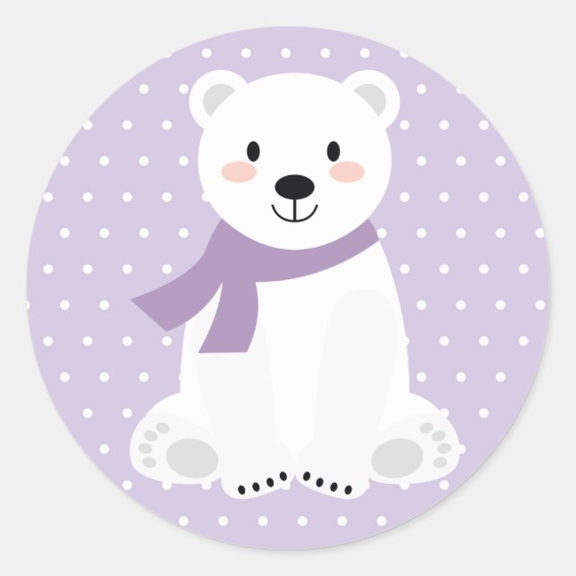 Girl Polar Bear Baby Shower Purple Classic Round Sticker (Front)