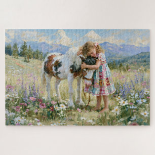 Girl Pony Mountains Meadow Flowers Painting Jigsaw Puzzle