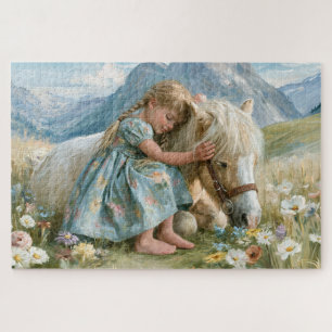 Girl Pony Mountains Meadow Painting Jigsaw Puzzle