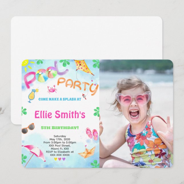Girl Pool Birthday Photo Invitation (Front/Back)