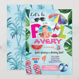 Girl pool party birthday photo invitation