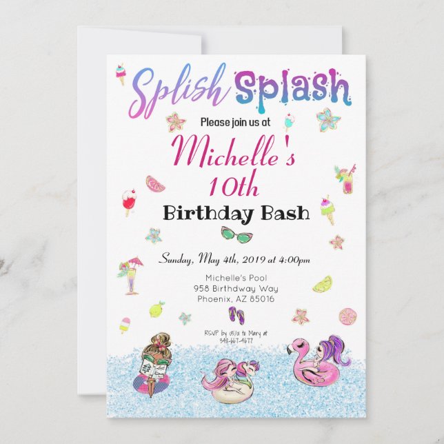 Girl Pool Party Glitter Tropical Summer Birthday Invitation (Front)