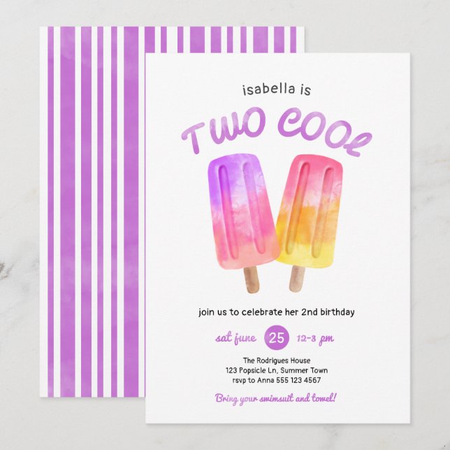 Girl Popsicle Summer 2nd Birthday Party Invitation (Front/Back)