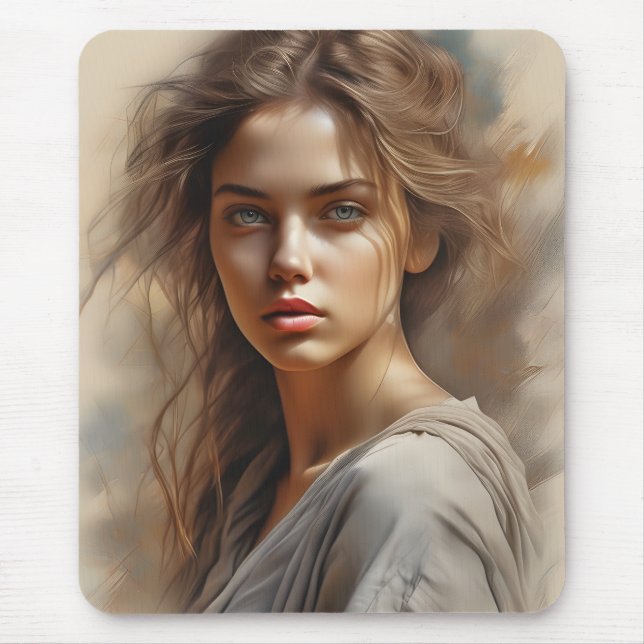 Girl Portrait is a pencil sketch of a woman. The p Mouse Mat (Front)