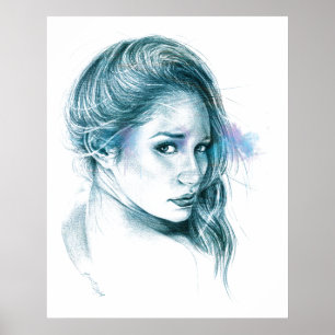 Girl portrait pencil art in blue Poster print