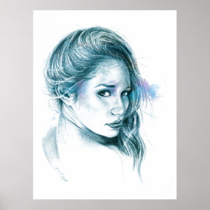 Girl portrait pencil art in blue Poster print
