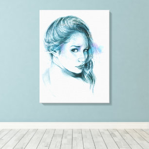 Girl portrait pencil drawing art Blue Canvas Print