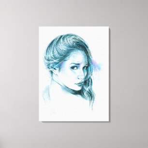 Girl portrait pencil drawing art Blue Canvas Print