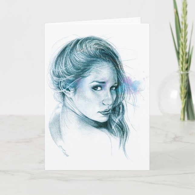Girl portrait pencil drawing art Blue Card (Front)