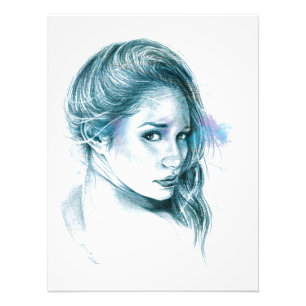 Girl portrait pencil drawing art Blue Photo Print