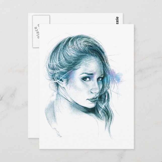 Girl portrait pencil drawing art Blue Postcard (Front/Back)