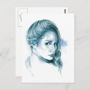 Girl portrait pencil drawing art Blue Postcard