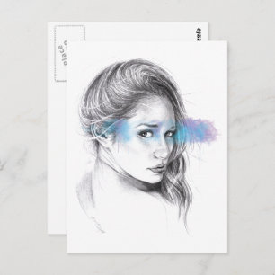 Girl portrait pencil drawing art postcard