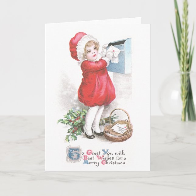 Girl Posting Letters Vintage Christmas Holiday Card (Front)