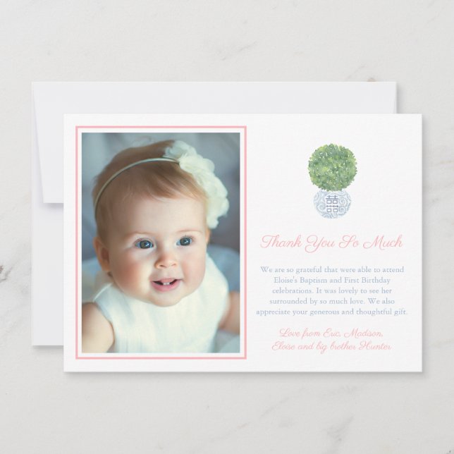 Girl Potted Boxwood Birthday Christening Photo Thank You Card (Front)
