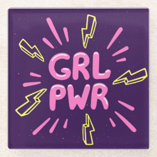 Girl power feminist slogan, violet background. glass coaster