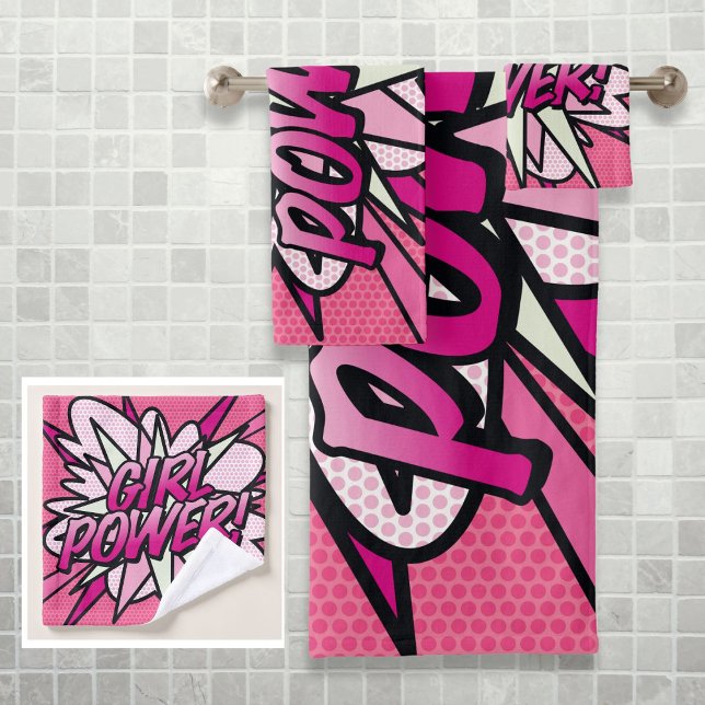 GIRL POWER Fun Retro Comic Book Pop Art Pink Bath Towel Set (GIRL POWER Fun Retro Comic Book Pop Art Pink Bath Towel Set)