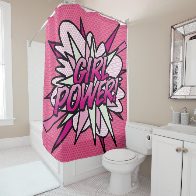 GIRL POWER Fun Retro Comic Book Pop Art Pink Shower Curtain (In Situ)