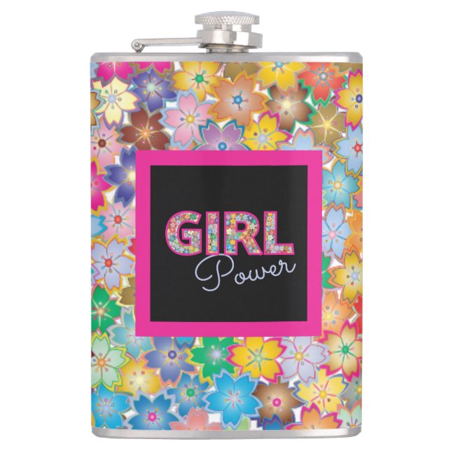 Girl Power | Pink Girly Beautiful Wildflower Women Hip Flask (Front)