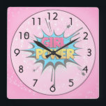 Girl Power Square Wall Clock<br><div class="desc">Girl Power Pop Art on Pink Wall Clock. A retro pop art Girl Power design... Perfect addition to the bedroom of a budding powerful girl. If pink is not her favourite colour, or you want a different style clock, change the style and/or background. Look for the matching Girl Power home...</div>