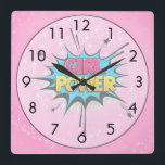 Girl Power Square Wall Clock<br><div class="desc">Girl Power Pop Art on Pink Wall Clock. A retro pop art Girl Power design... Perfect addition to the bedroom of a budding powerful girl. If pink is not her favourite colour, or you want a different style clock, change the style and/or background. Look for the matching Girl Power home...</div>