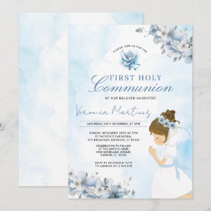 Girl Praying 1st Holy Communion Blue Floral Cross Invitation