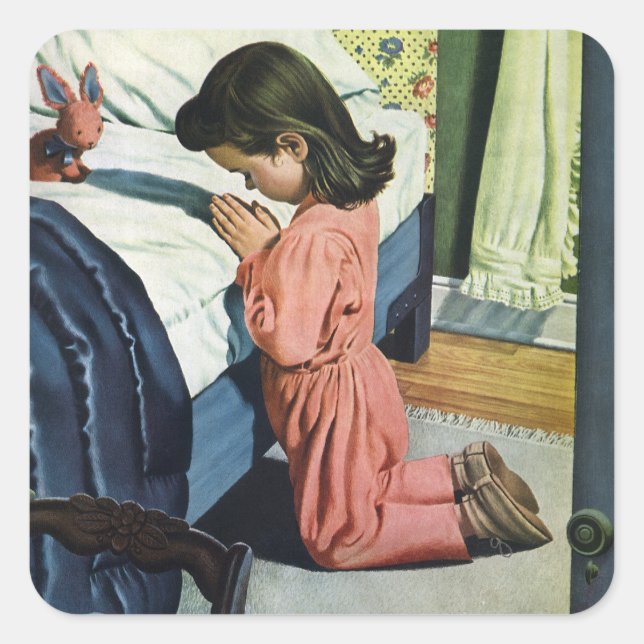 Girl Praying at Bedtime, the Lord's Prayer Square Sticker (Front)