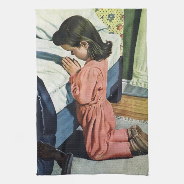 Girl Praying at Bedtime, the Lord's Prayer Tea Towel (Vertical)