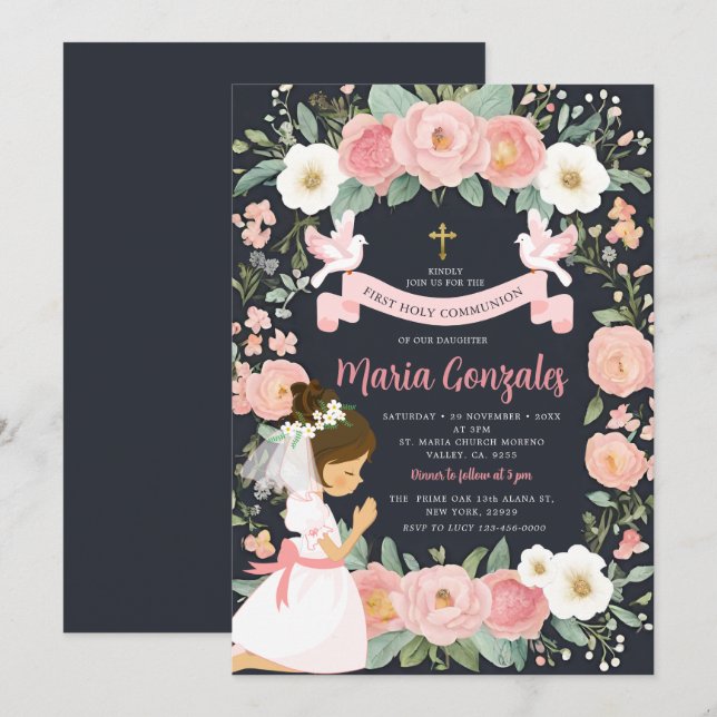 Girl Praying First Holy Communion Pink Floral Invitation (Front/Back)