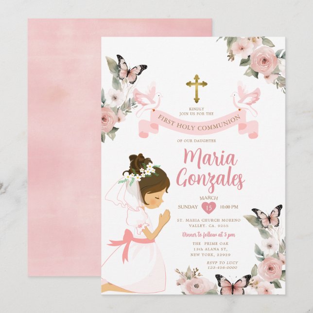 Girl Praying First Holy Communion Pink Floral Invitation (Front/Back)