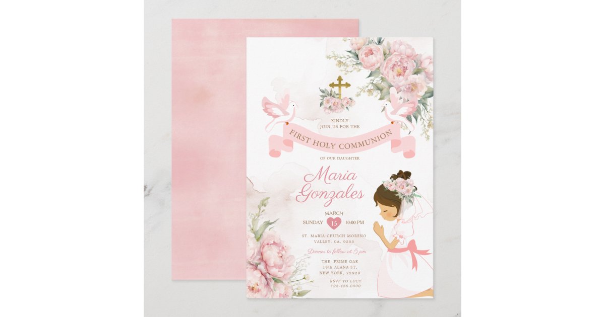 Girl Praying First Holy Communion Pink Floral Invitation | Zazzle