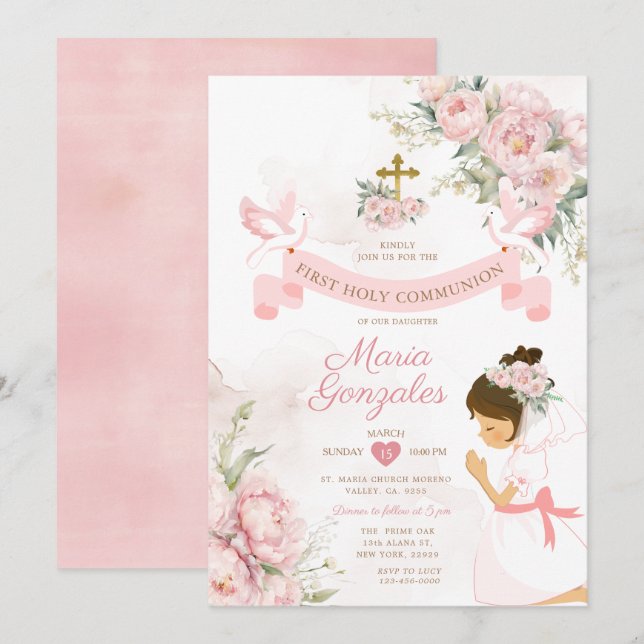 Girl Praying First Holy Communion Pink Floral Invitation (Front/Back)