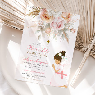 Girl Praying First Holy Communion Pink Floral Invitation