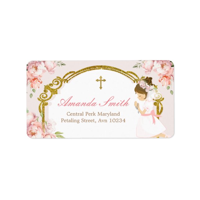 Girl Praying Gold First Holy Communion Address Label (Front)