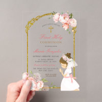 Girl Praying Gold First Holy Communion curly hair