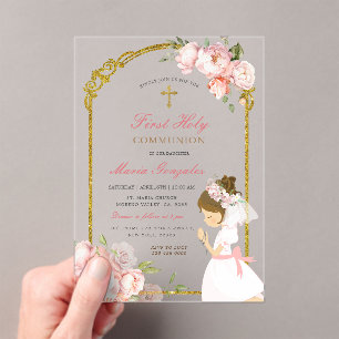 Girl Praying Gold First Holy Communion curly hair Acrylic Invitations