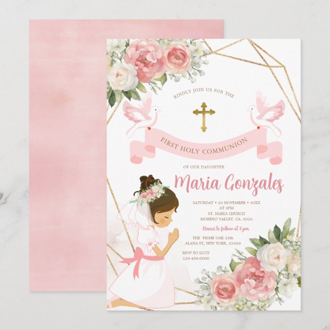 Girl Praying Gold First Holy Communion Pink Floral Invitation (Front/Back)
