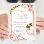 Girl Praying Gold First Holy Communion Pink Floral Invitation<br><div class="desc">Girl Praying Gold First Holy Communion Pink Floral 
Primera Comunión.</div>