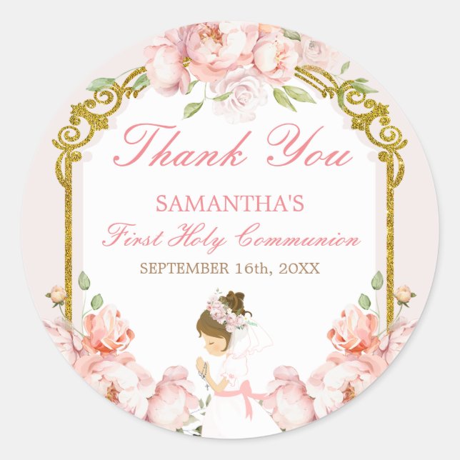 Girl Praying Gold First Holy Communion Thank You Classic Round Sticker (Front)