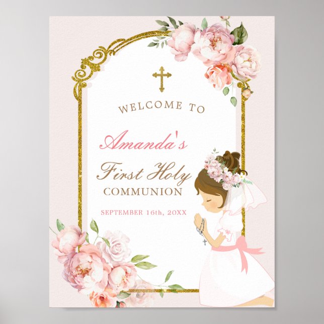 Girl Praying Gold First Holy Communion Welcome Poster (Front)