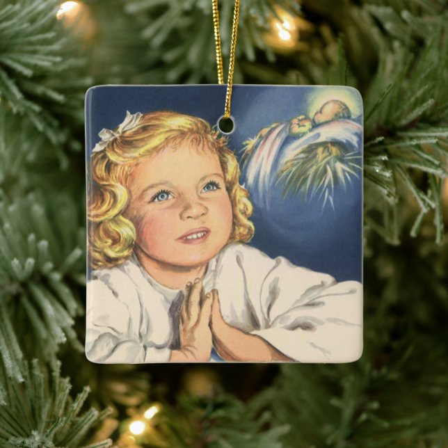 Girl Praying to Jesus Christ, Bedtime Prayers Ceramic Ornament (Tree)
