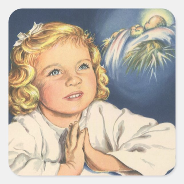 Girl Praying to Jesus Christ, Bedtime Prayers Square Sticker (Front)
