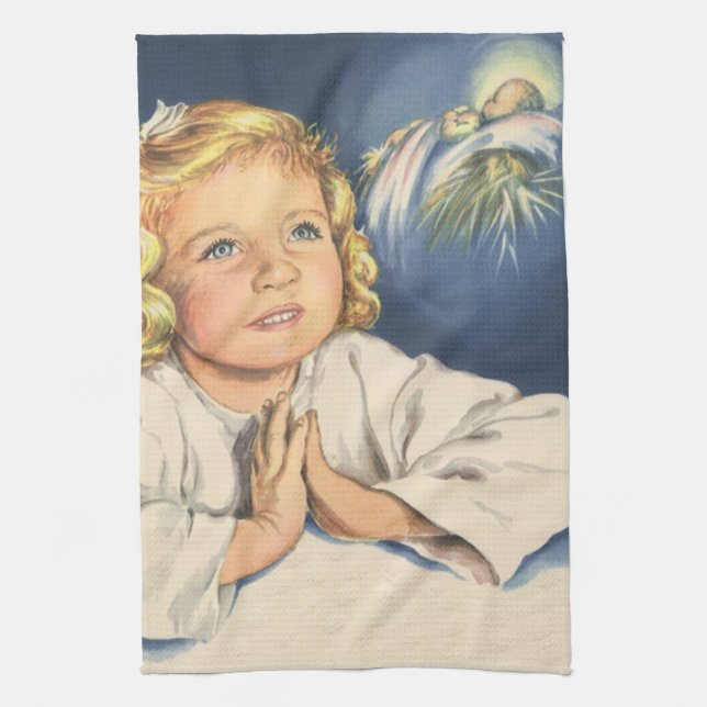 Girl Praying to Jesus Christ, Bedtime Prayers Tea Towel (Vertical)