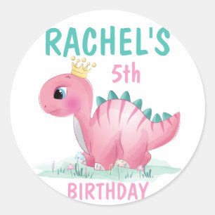 Girl Princess Dinosaur Pink & Teal Birthday Party Classic Round Sticker