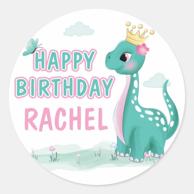 Girl Princess Dinosaur Pink & Teal Birthday Party Classic Round Sticker (Front)