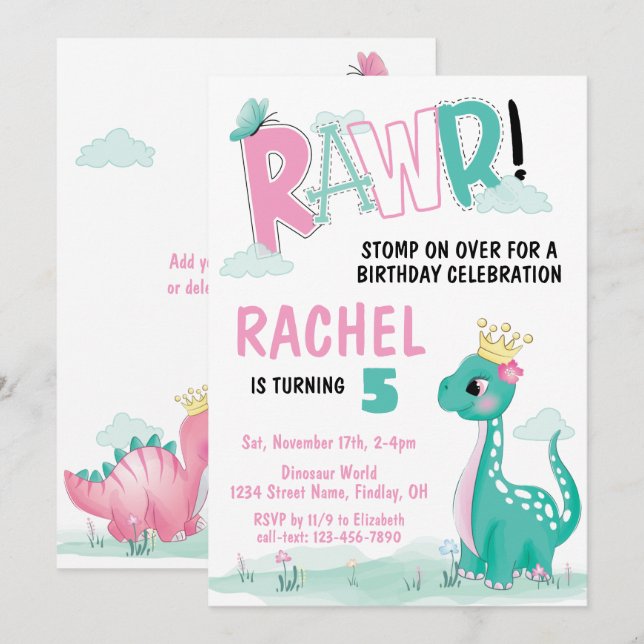 Girl Princess Dinosaur Pink & Teal Birthday Party Invitation (Front/Back)