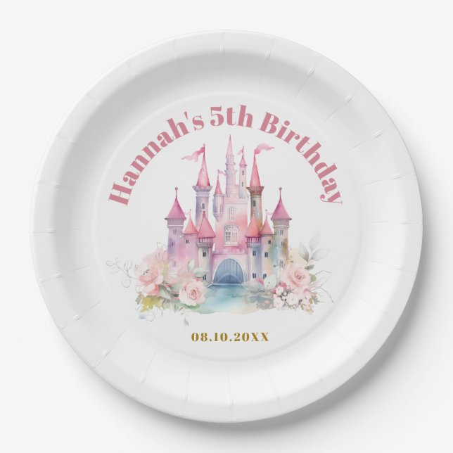 Girl Princess Royal Castle Fifth Birthday Paper Plate (Front)