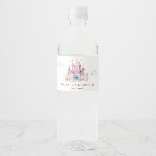 Girl Princess Royal Castle Fifth Birthday Water Bottle Label (Front)