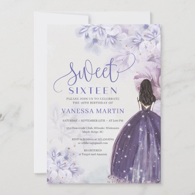 Girl princess with purple dress spring bohemian invitation (Front)